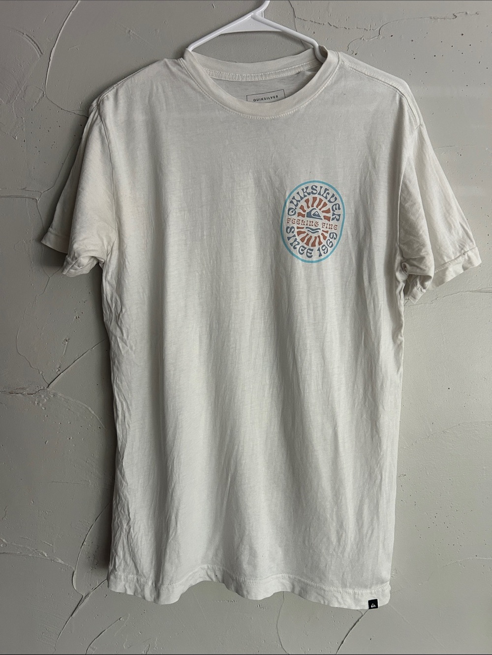 Quiksilver White Short Sleeve Tee with Blue and Orange Logo